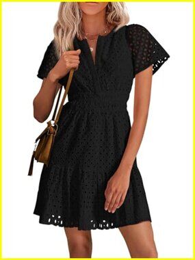 Women's Eyelet Lace Mini Dress Cotton Short Sleeve V-Neck A-Line Summer Casual
